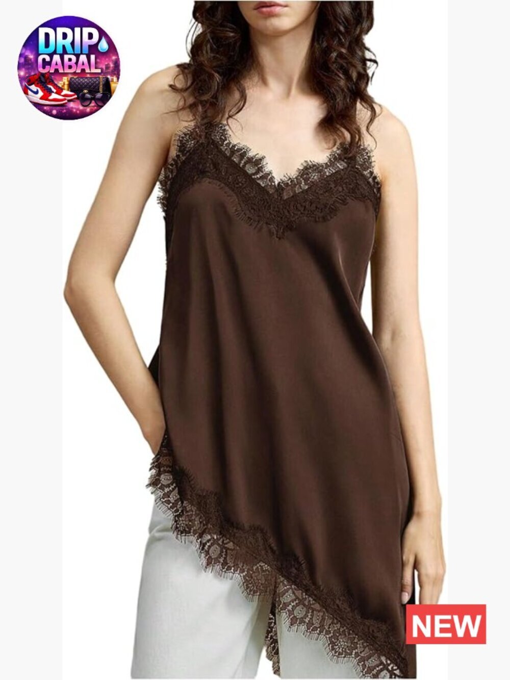 Satin Lace Trim Camisole Top V Neck Spaghetti Strap Asymmetrical Hem Tunic
